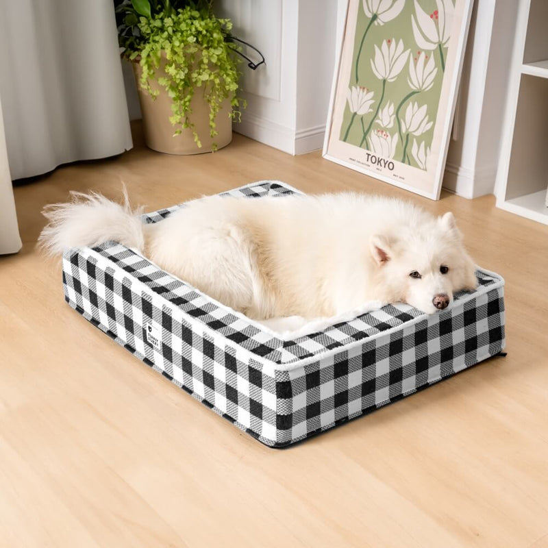 Cama festiva clássica tartan aconchegante para cães anti-ansiedade calmante