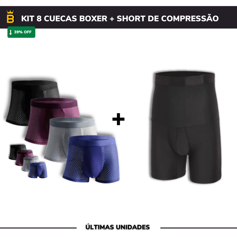 Kit 8 Cuecas Boxer + Short de Compressão