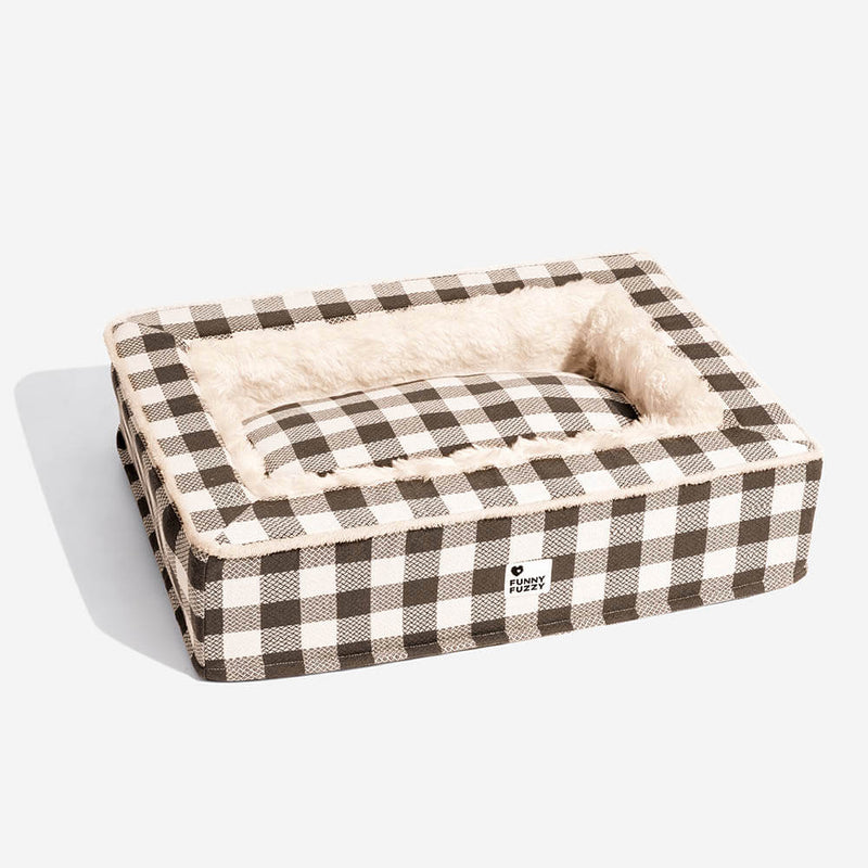 Cama festiva clássica tartan aconchegante para cães anti-ansiedade calmante